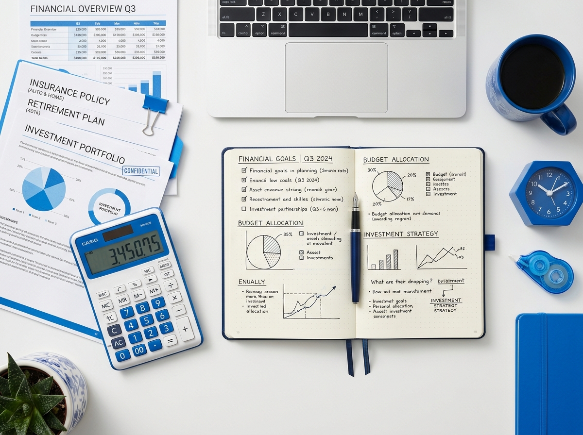 Financial planning desk setup with documents and calculator