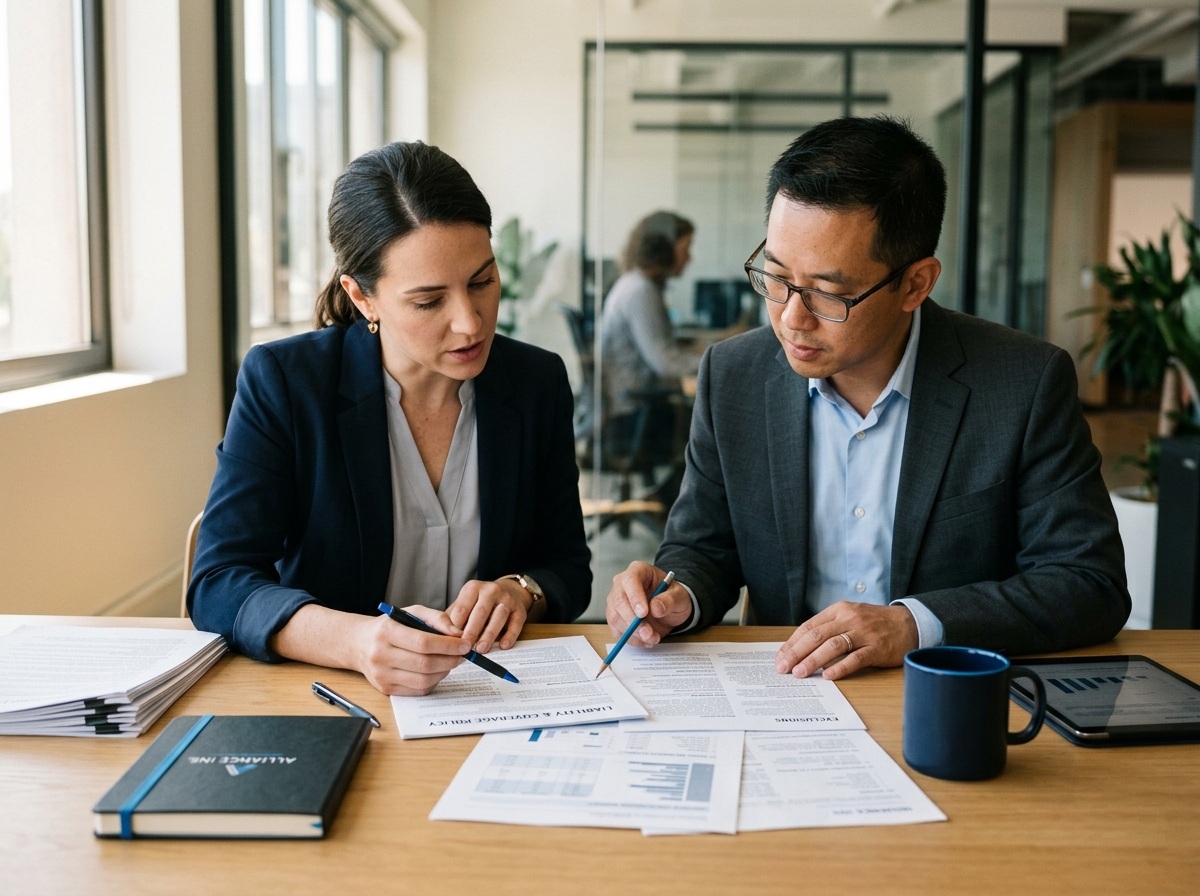 Two professionals reviewing policy and claims documents